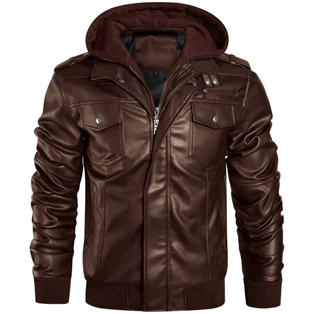 Men's Brown Genuine Leather Jacket - Hooded Mandarin Collar Front View with Hood and Chest Pockets | Julian's Menswear