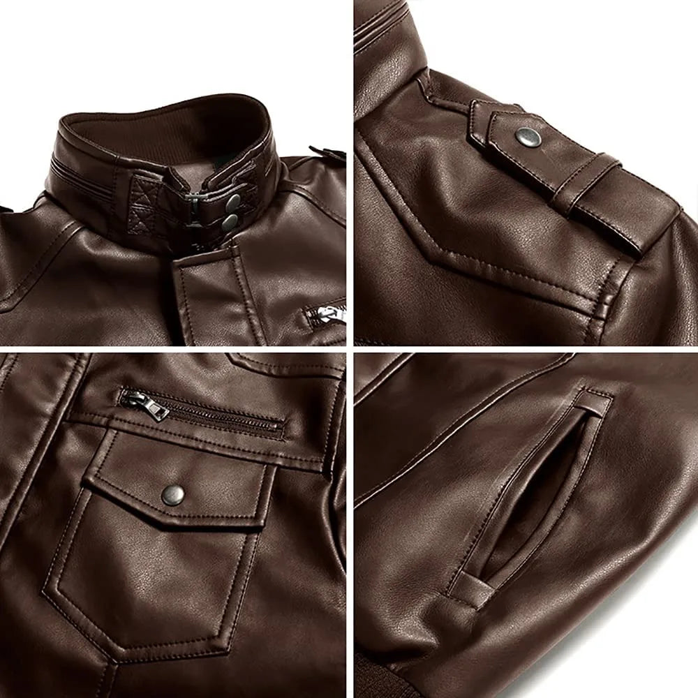 Men's Brown Genuine Leather Jacket - Hooded Mandarin Collar Front View with Hood and Chest Pockets | Julian's Menswear