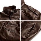 Men's Brown Genuine Leather Jacket - Hooded Mandarin Collar Front View with Hood and Chest Pockets | Julian's Menswear