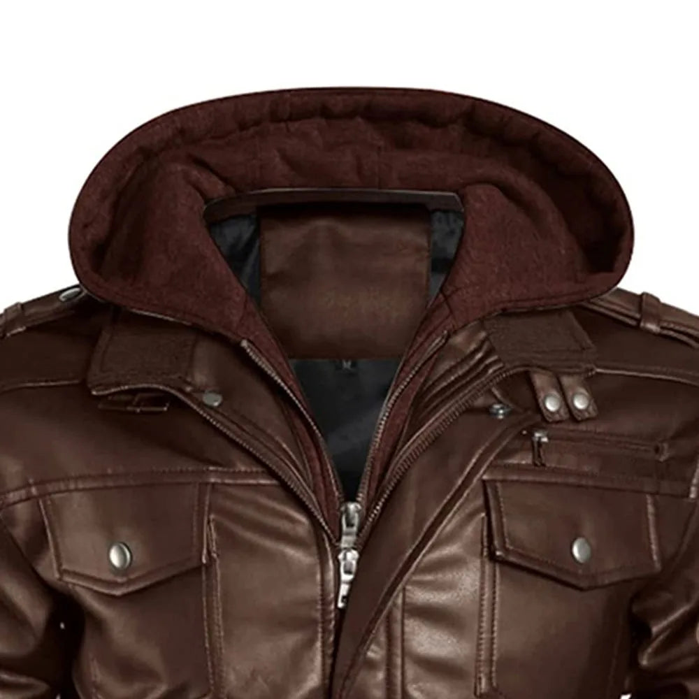 Men's Brown Genuine Leather Jacket - Hooded Mandarin Collar Front View with Hood and Chest Pockets | Julian's Menswear