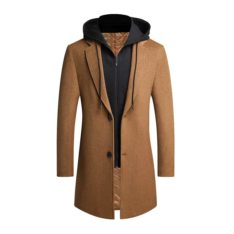 Julian's Menswear M Camel Men's Hooded Detachable Wool Overcoat