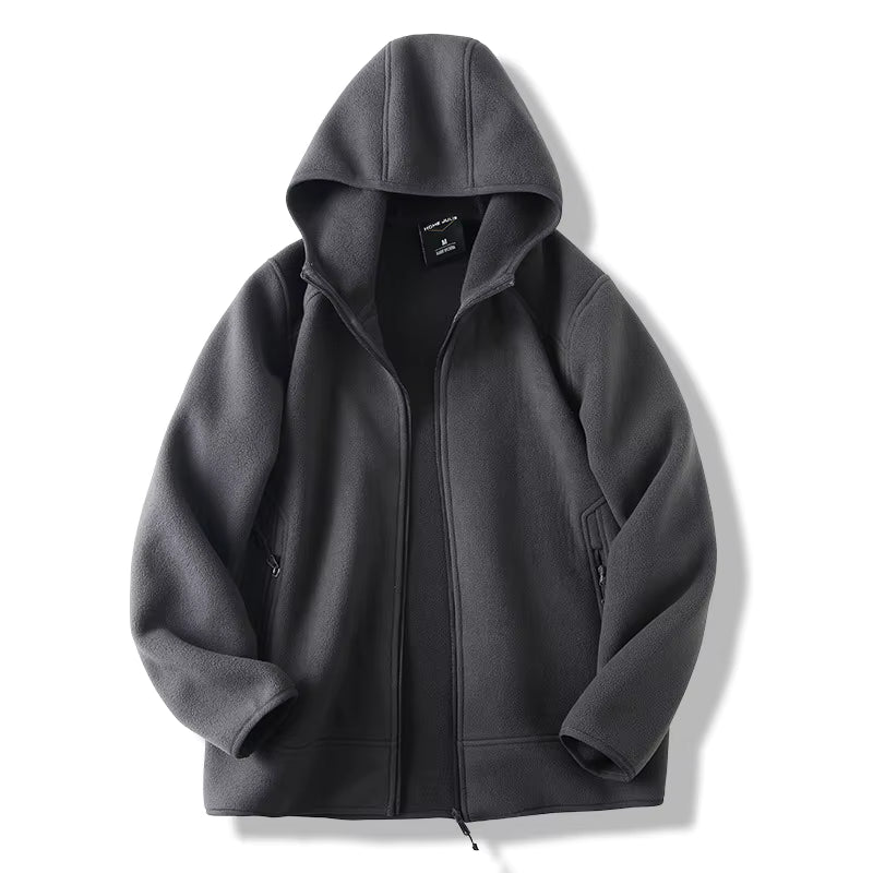 Julian's Menswear M Gray Men's Hooded Polar Fleece V-Neck Winter Jacket - Warm & Stylish