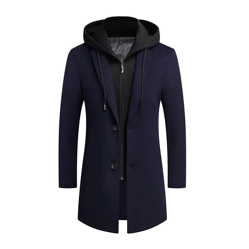 Julian's Menswear M Navy Men's Wool Overcoat with Detachable Hood