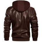 Men's Brown Genuine Leather Jacket - Hooded Mandarin Collar Front View with Hood and Chest Pockets | Julian's Menswear