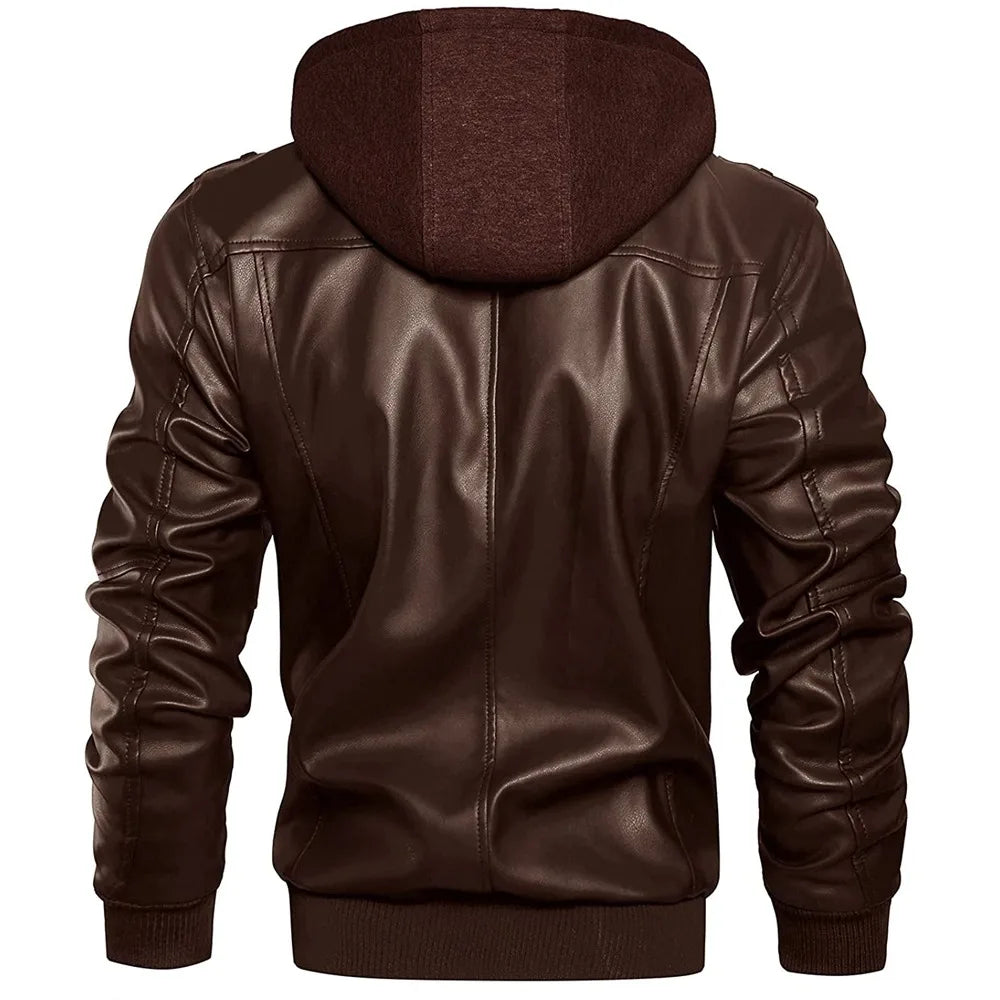 Men's Brown Genuine Leather Jacket - Hooded Mandarin Collar Front View with Hood and Chest Pockets | Julian's Menswear