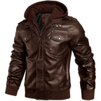 Men's Brown Genuine Leather Jacket - Hooded Mandarin Collar Front View with Hood and Chest Pockets | Julian's Menswear