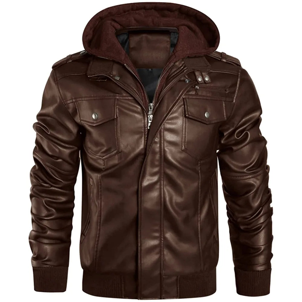 Men's Brown Genuine Leather Jacket - Hooded Mandarin Collar Front View with Hood and Chest Pockets | Julian's Menswear