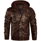 Men's Brown Genuine Leather Jacket - Hooded Mandarin Collar Front View with Hood and Chest Pockets | Julian's Menswear