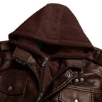 Men's Brown Genuine Leather Jacket - Hooded Mandarin Collar Front View with Hood and Chest Pockets | Julian's Menswear