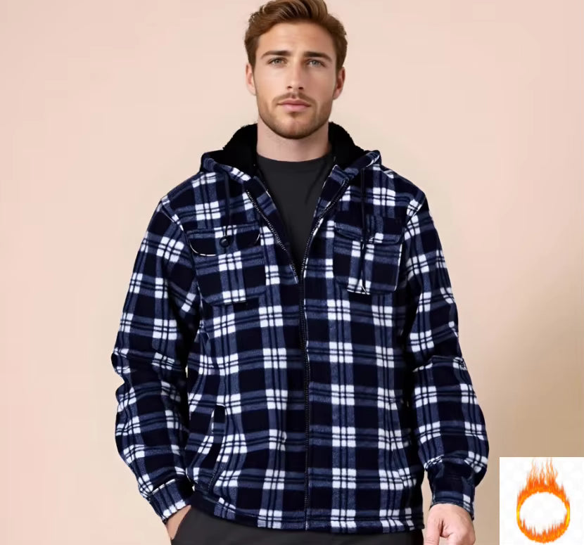 Julian's Menswear S Navy Men's Woven Fleece Plaid Jacket - Heavyweight Polyester - Reinforced Stitching - Stay Warm in Style!