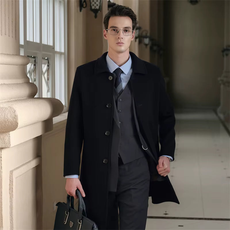 Men's slim fit overcoat in black wool, tailored with a classic collar, button closure, and stylish design, perfect for formal wear.
