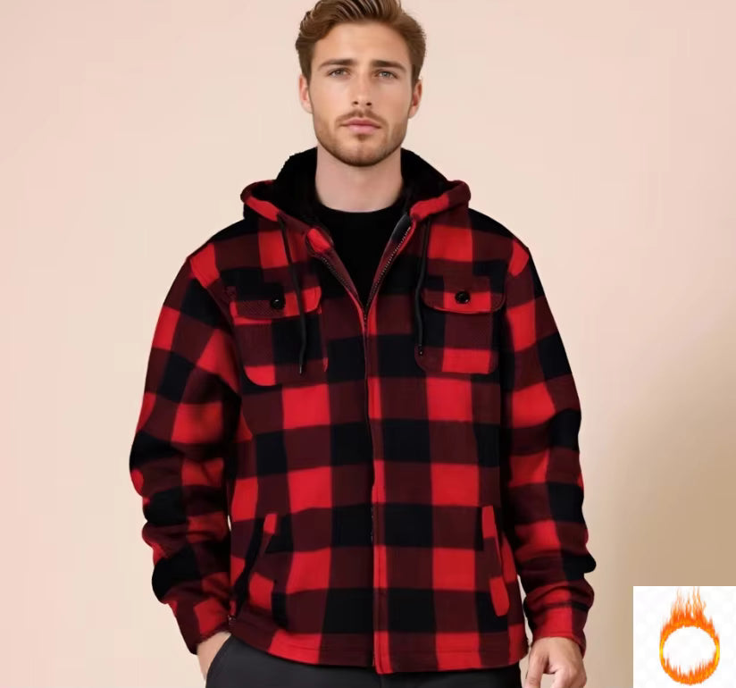 Julian's Menswear S Red Men's Woven Fleece Plaid Jacket - Heavyweight Polyester - Reinforced Stitching - Stay Warm in Style!