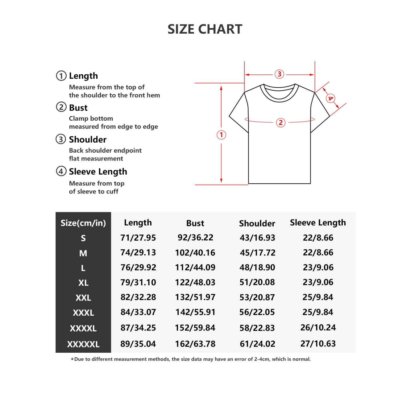 Size Chart for Casual Cotton T-shirt With Printed Baseball