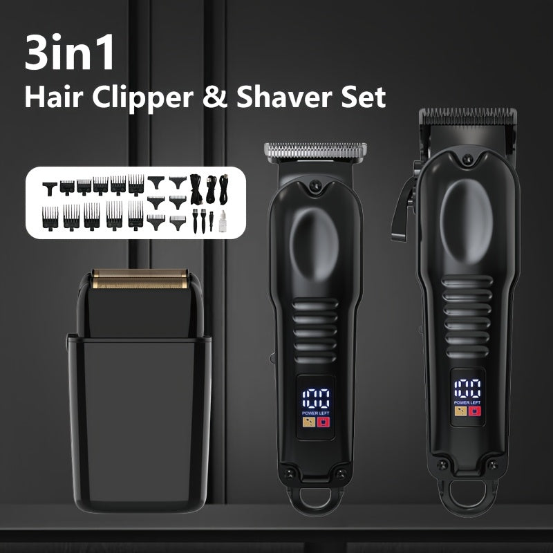 3-in-1 Professional Men's Grooming Kit: Wireless Hair Clipper, Trimmer & Electric Foil Shaver with LED Display - USB Rechargeable, Perfect for Home, Travel & Barbershops