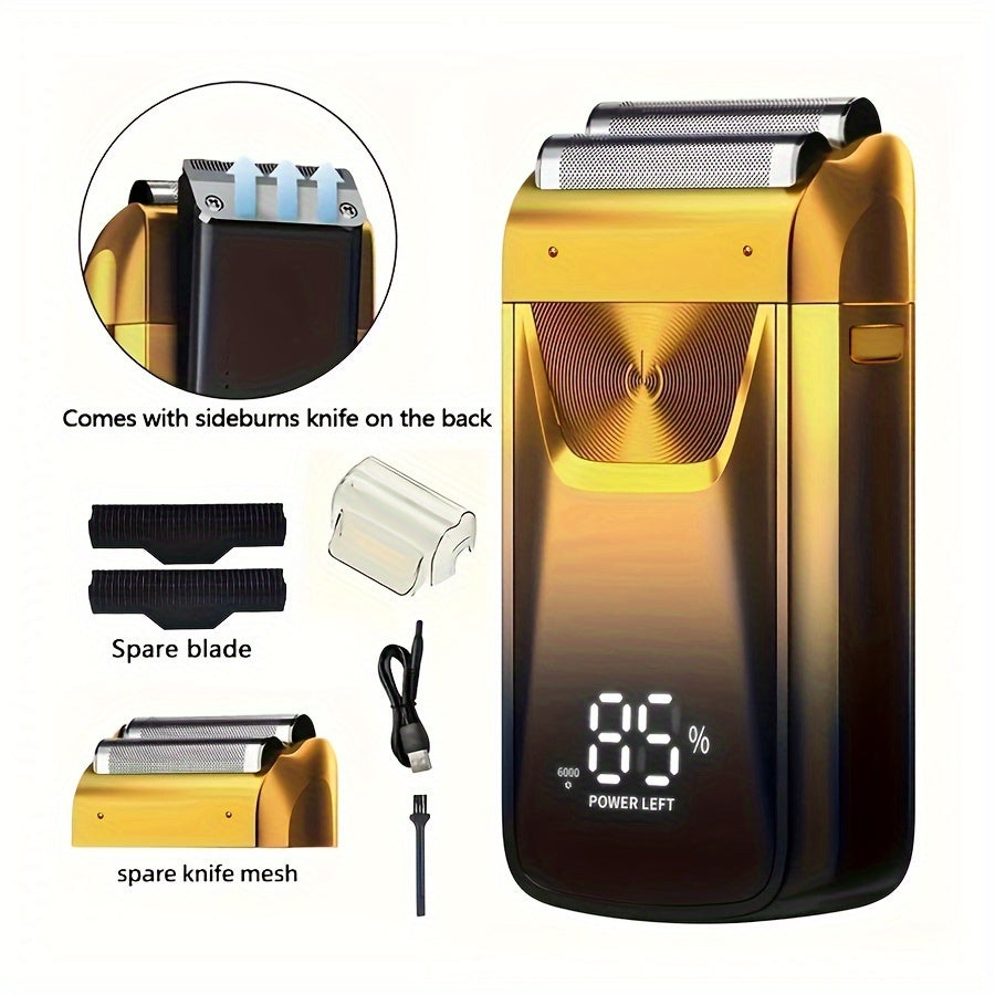 MIGUAN 2-in-1 Sleek Golden Electric Foil & Bald Shaver - Dual-Head Razor with Popup Beard Trimmer, Rechargeable Lithium Battery, Adjustable Speed Settings, USB Charging - Ideal for Precision Haircuts, Men's Grooming Tool