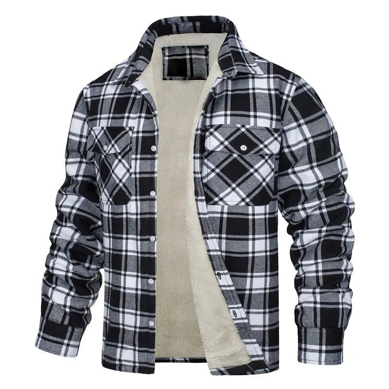 Julian's Menswear S Black Men's Casual Plaid Fleece-Lined Lapel Jacket - Classic Single-Breasted Winter Warmth