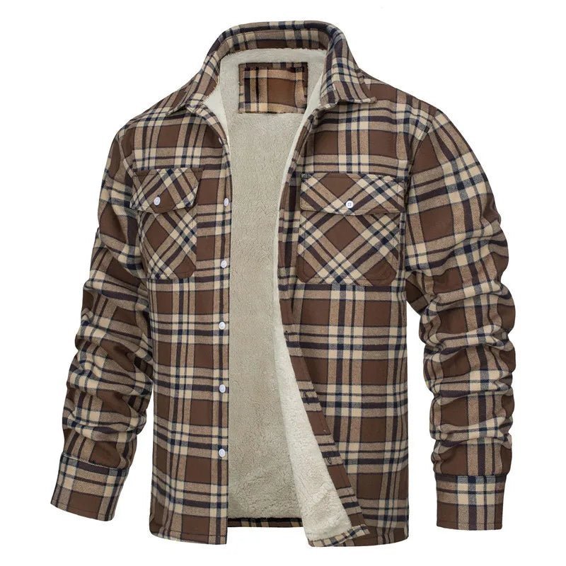 Julian's Menswear S Black Men's Casual Plaid Fleece-Lined Lapel Jacket - Classic Single-Breasted Winter Warmth