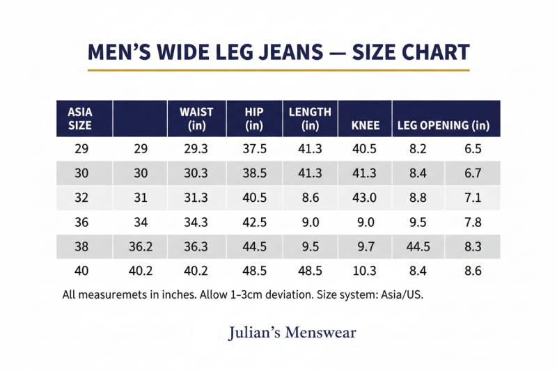 Men's Wide Leg Jeans Size Chart