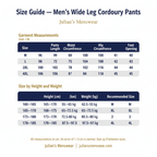 Size Guide — Men's Wide Leg Corduroy Pants