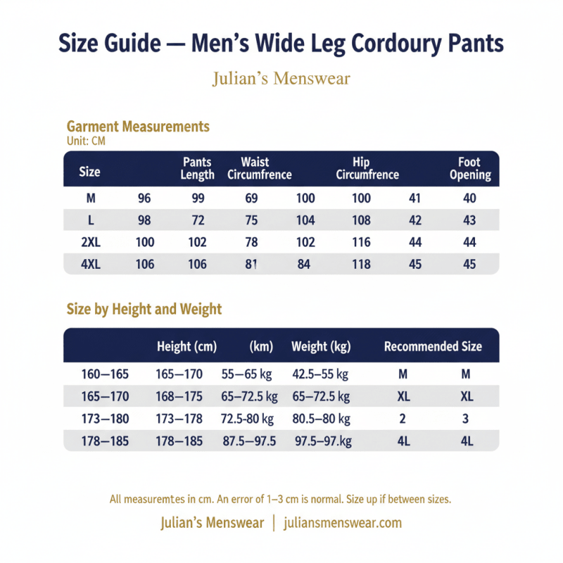 Size Guide — Men's Wide Leg Corduroy Pants