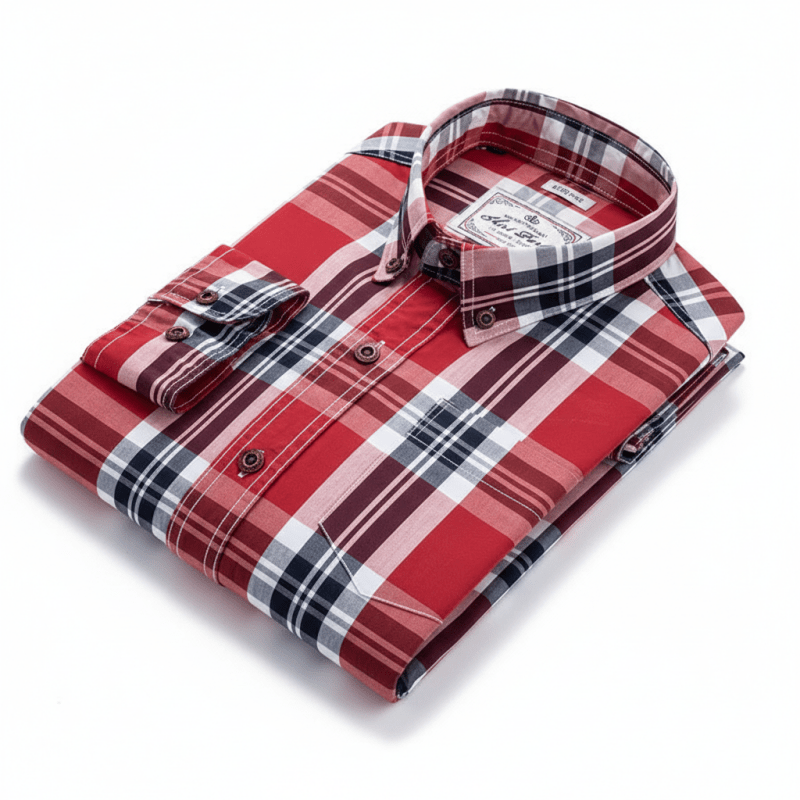 Julian's Menswear 38 Burgundy Men's Cotton Plaid Casual Shirt: 100% Satin Weave, Anti - Pilling, Versatile Colours