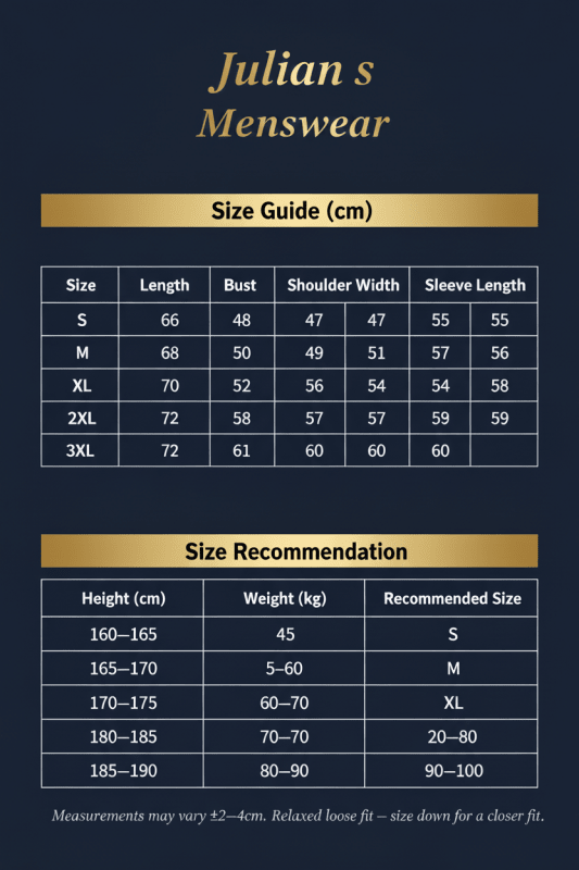 Julian's Menswear Size Chart