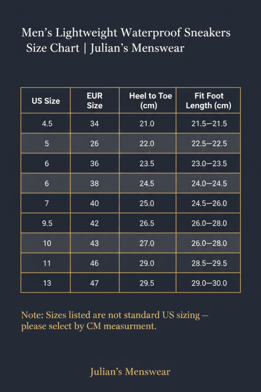 Men's Lightweight Waterproof Sneakers | Size Chart | Julian's Menswear