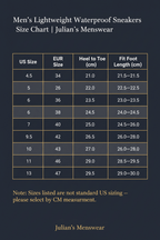 Men's Lightweight Waterproof Sneakers | Size Chart | Julian's Menswear