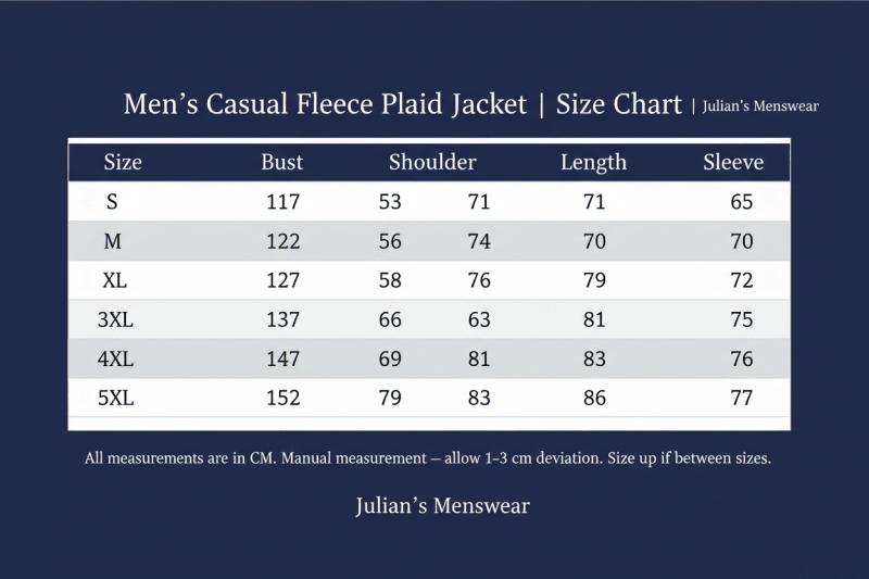 Men's Casual Fleece Plaid Jacket | Size Chart | Julian's Menswear