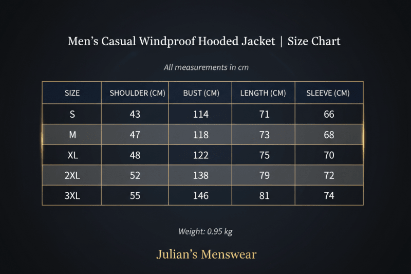 Men's Windproof Hooded Jacket | Size Chart | Julian's Menswear
