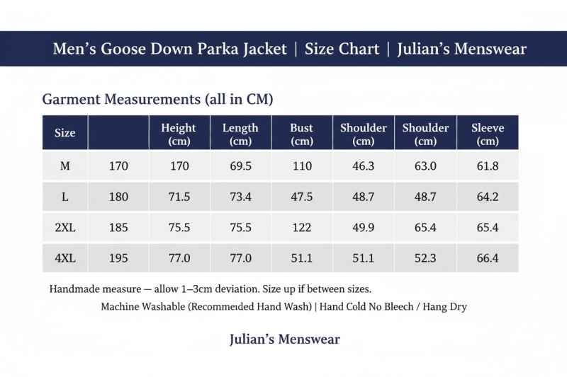 Men's Goose Down Parka Jacket | Size Chart | Julian's Menswear
