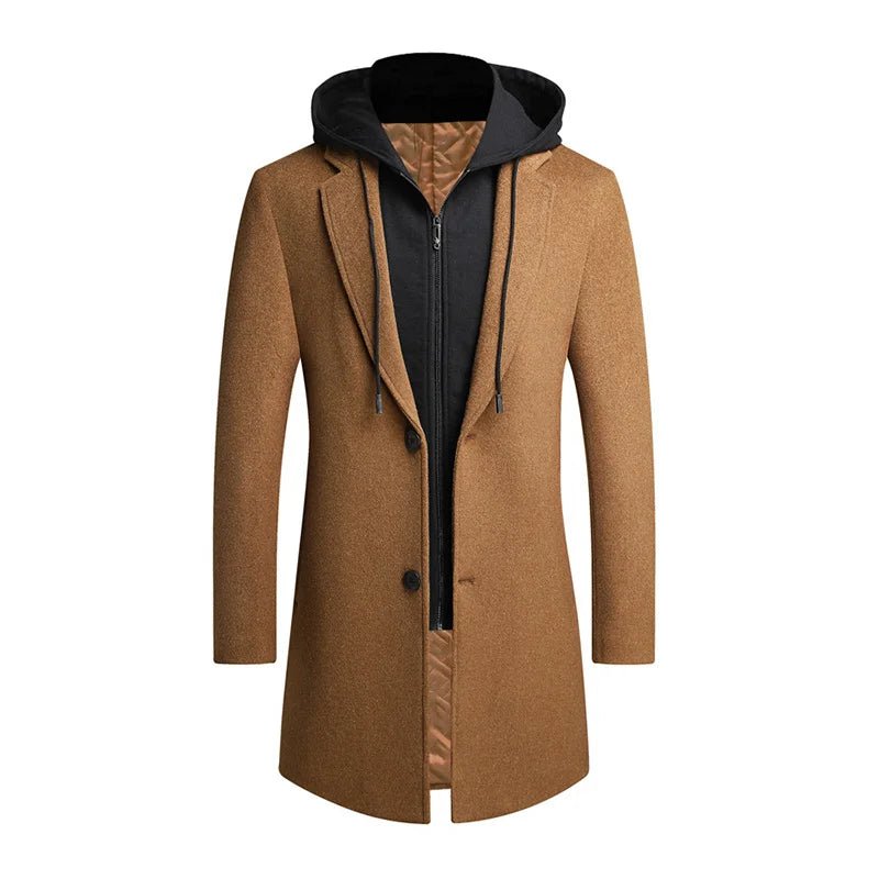 Julian's Menswear Men's Hooded Detachable Wool Overcoat