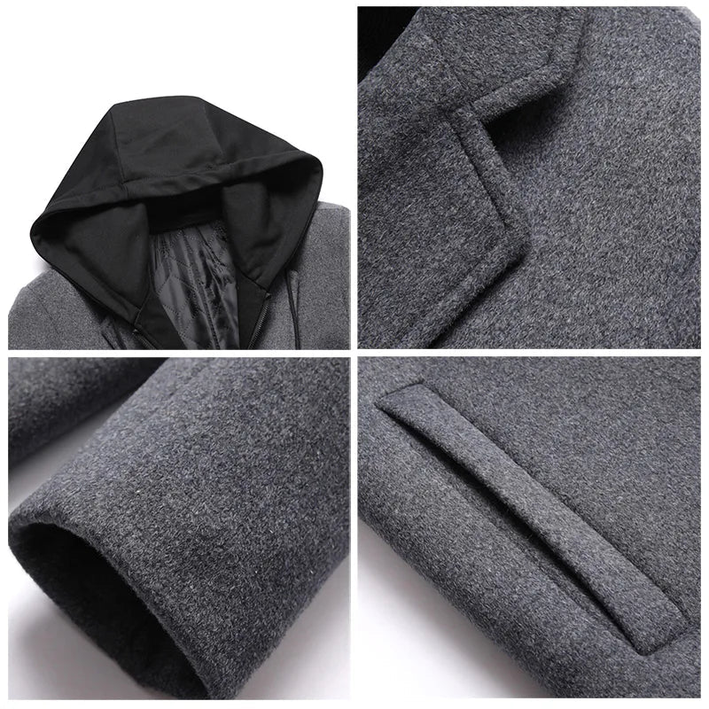 Julian's Menswear Men's Wool Overcoat with Detachable Hood