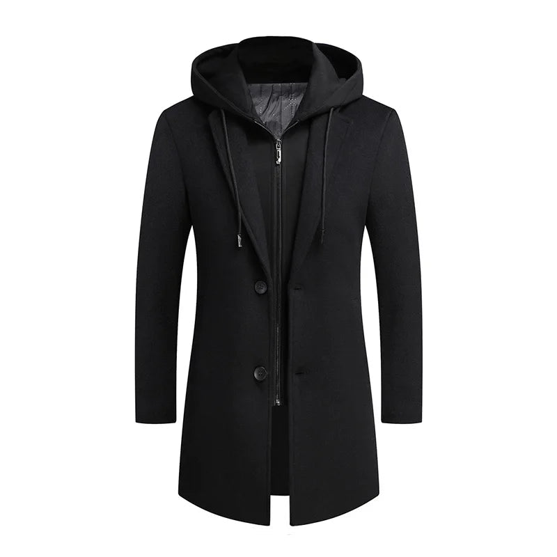 Julian's Menswear Men's Hooded Detachable Wool Overcoat