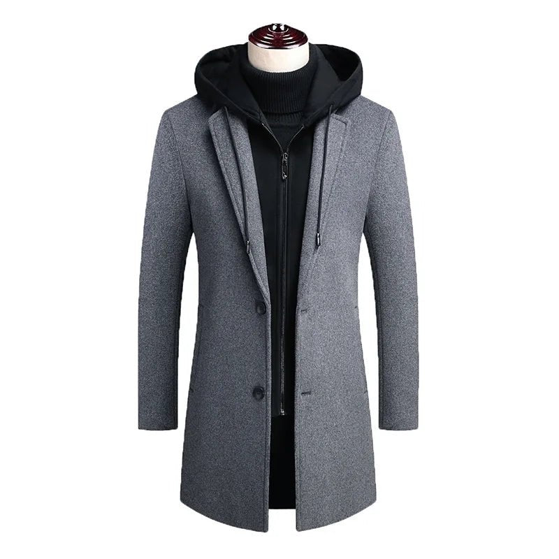 Julian's Menswear Men's Wool Overcoat with Detachable Hood