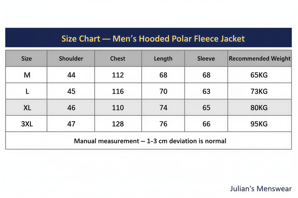 Julian's Menswear | Size Chart | Men's Hooded Polar Fleece V-Neck Winter Jacket