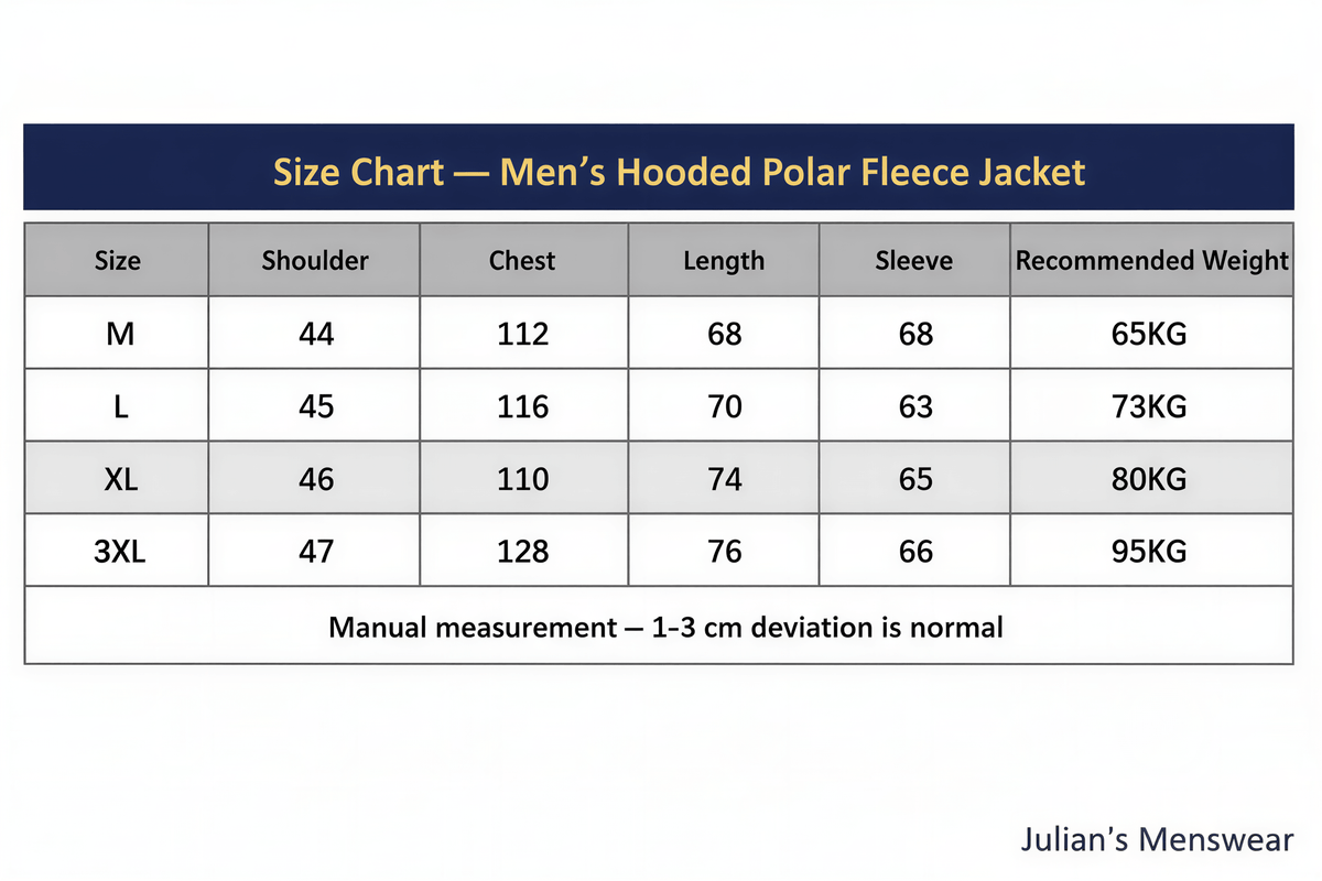Julian's Menswear | Size Chart | Men's Hooded Polar Fleece V-Neck Winter Jacket