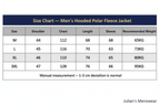 Julian's Menswear | Size Chart | Men's Hooded Polar Fleece V-Neck Winter Jacket