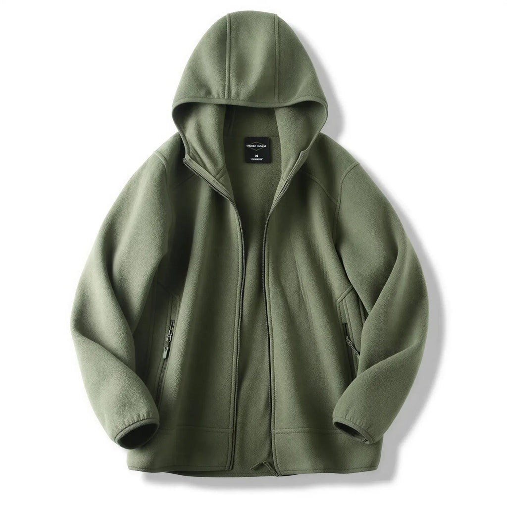 Julian's Menswear M Army Green Men's Hooded Polar Fleece V-Neck Winter Jacket - Warm & Stylish