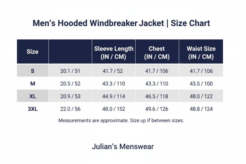 Men's Hooded Windbreaker Jacket | Size Chart | Julian's Menswear