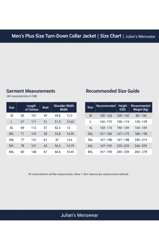 Men's Plus Size Turn-Down Collar Jacket | Size Chart | Julian's Menswear