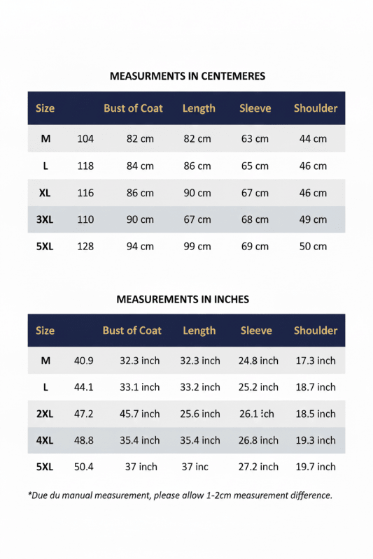 Julian's Menswear Size Chart