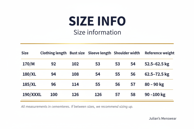 Men's Pure Wool Slim Fit Overcoat Size Chart - Julian's Menswear