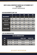 Men's Casual Windproof Padded Half-Zip Bomber Vest | Size Chart | Julian's Menswear