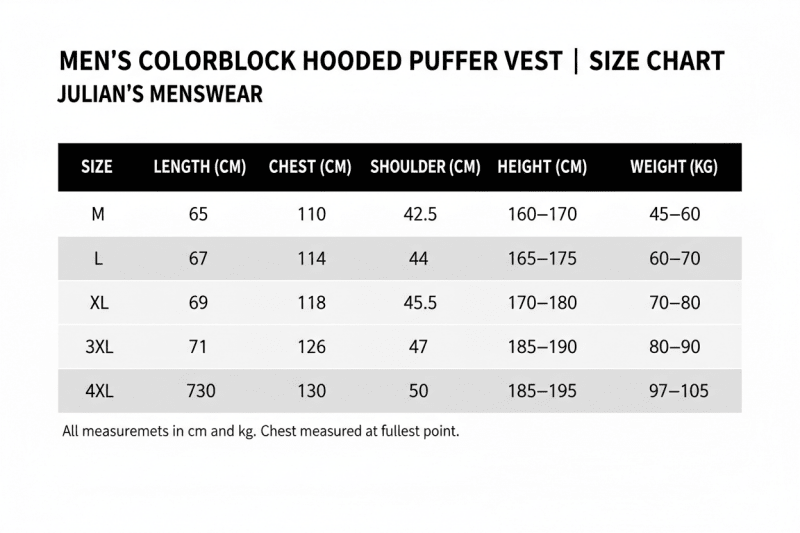 Julian's Menswear | White Men's Colorblock Hooded Puffer Vest | Size Chart