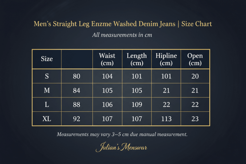 Men's Straight Leg Enzyme Washed Denim Jeans | Size Chart | Julian's Menswear
