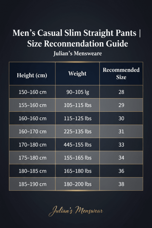Men's Casual Slim Straight Pants | Size Recommendation Guide | Julian's Menswear