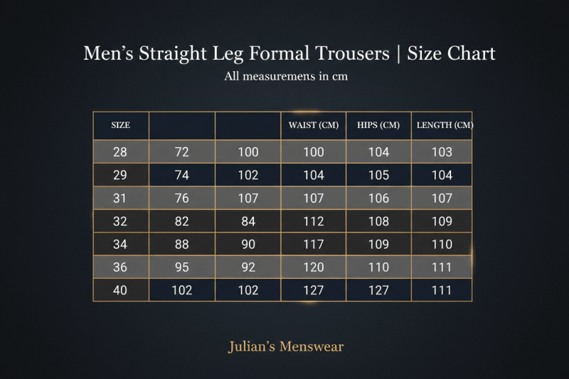 Men's Straight Leg Formal Trousers | Size Chart | Julian's Menswear