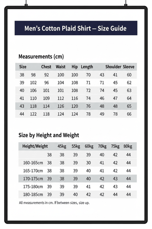 Men's Cotton Plaid Shirt Size Chart