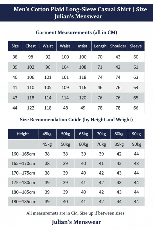 Men's Cotton Plaid Long-Sleeve Casual Shirt | Size Chart | Julian's Menswear